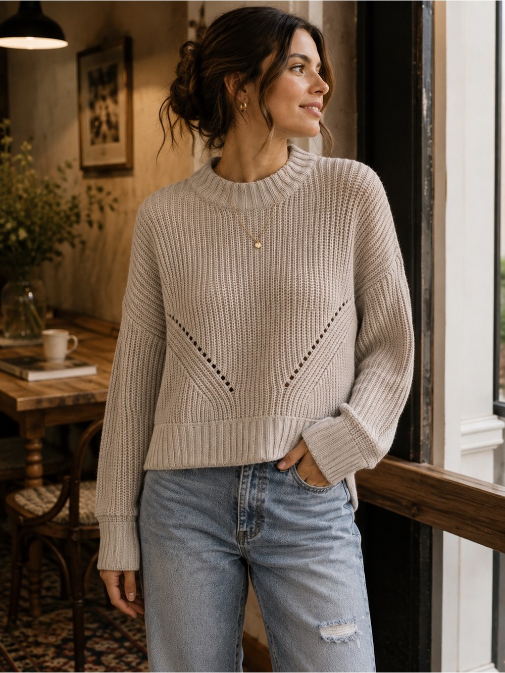 Hippie Rose Oatmeal Chunky Knit Cropped Sweater Size Small